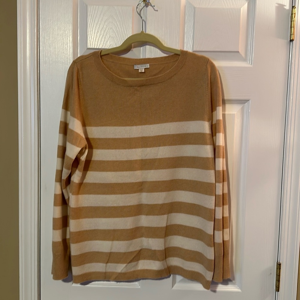 100% cashmere, beige and white stripe sweater from Garnet Hill